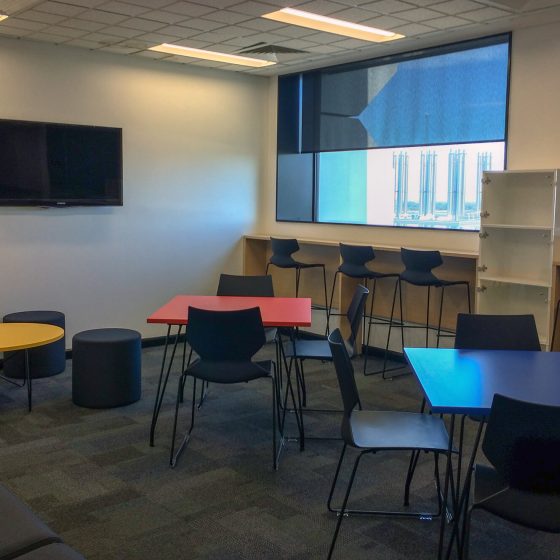 Breakout space with Fly Chairs,barstools, Tables, Dot ottomans and custom joinery