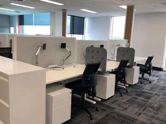 Workplace Fitout, Essential Height adjustable desks Leo Mesh task Chairs custom power blades