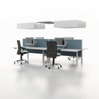 Essential height adjustable desks with overhead - acoustic panels and screens