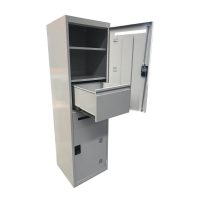 Commercial Furniture Products, Police and Services lockers steel door open with drawer open grey