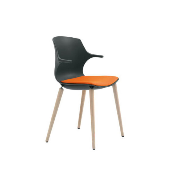 Frill timber black shell with timber 4 leg frame and orange seat pad
