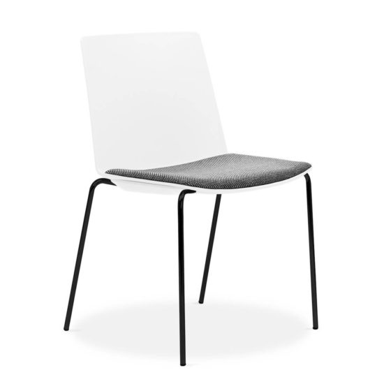 Jubel white shell with black 4 leg frame and grey upholstered seat pad