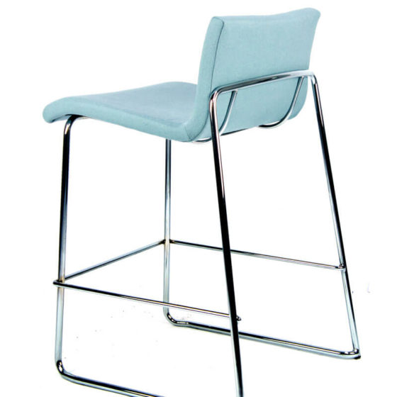 Sixty stool blue upholstered shell chrome sled base rear view