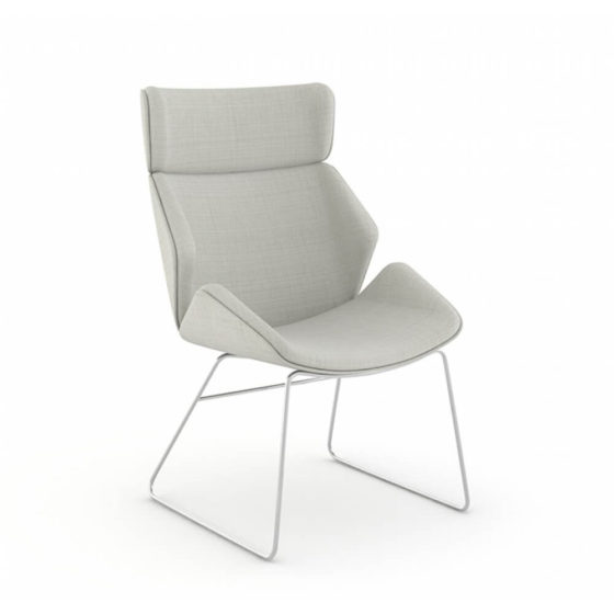 Skara lounge chair with high back, fully upholstered shell with chrome sled base