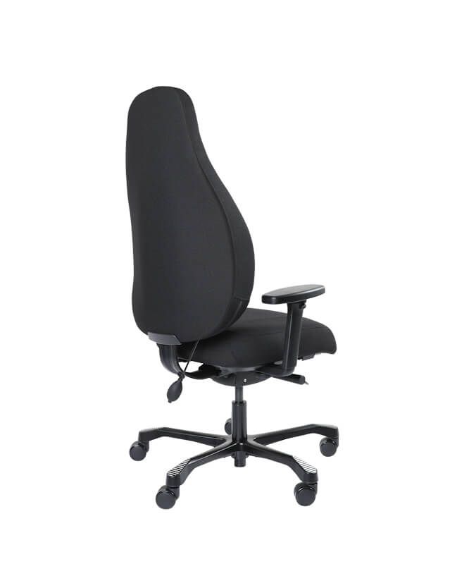 Serati high back synchro executive task chair, rear angle view, with arms, in black