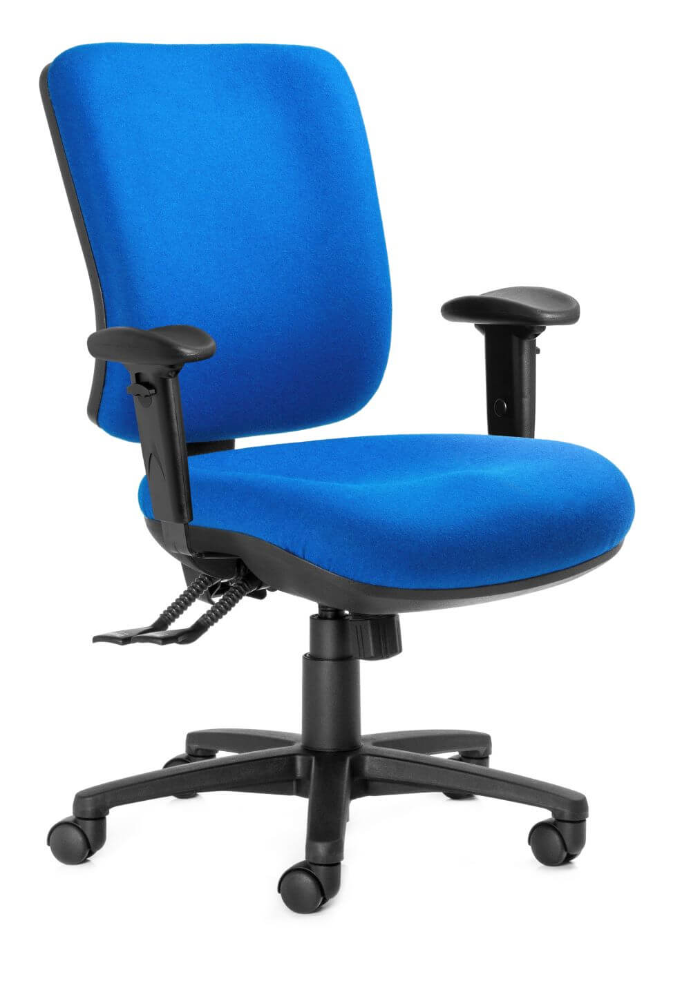 Rexa high back in blue with black arm rests and black 5 star base on castors