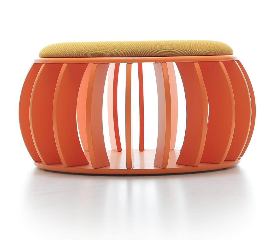 C-Anemone in orange with orange seat upholstery from a side angle showing the spokes where books can be placed