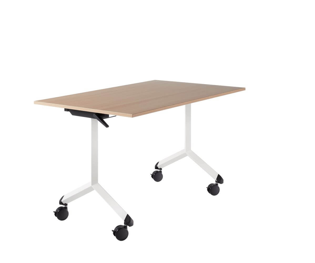 Tipper table with white frame black castors, with oak top
